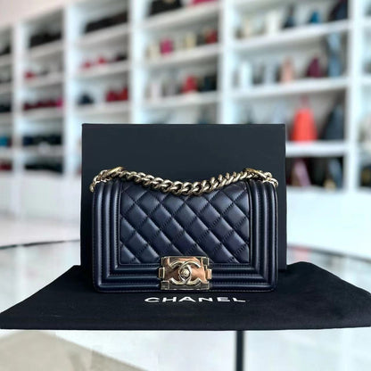 Boy Small 20CM Quilted Lambskin Dark Navy Blue Leboy Golden Hardware Series 25