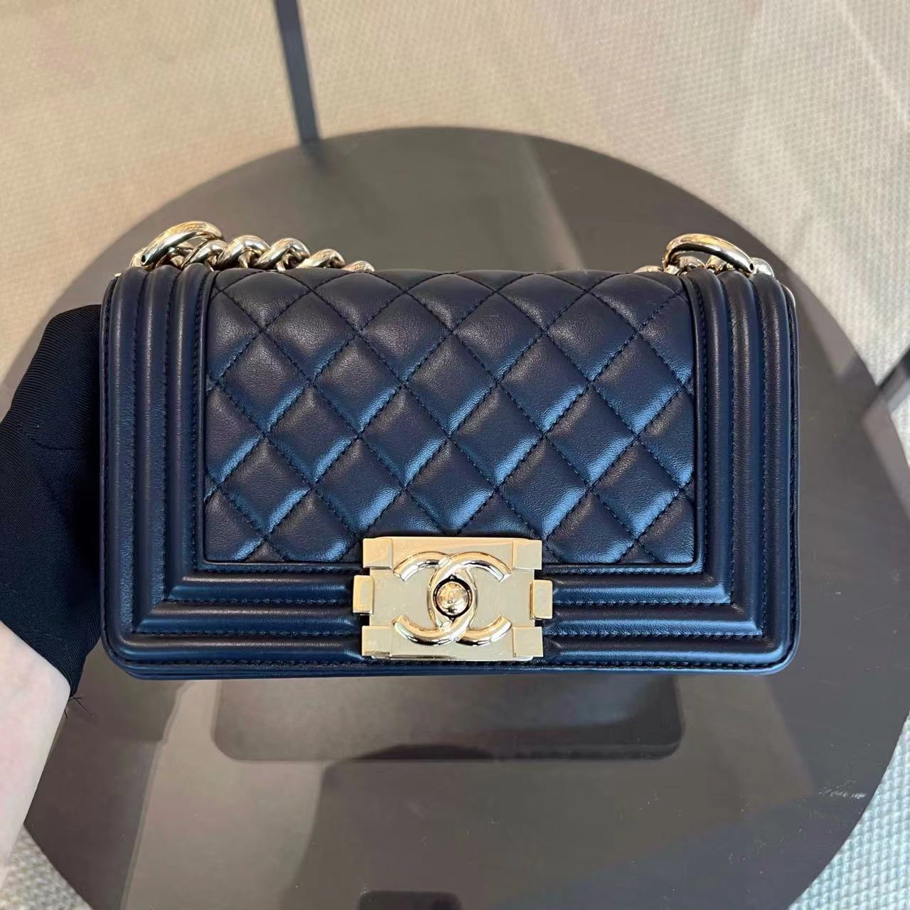 Boy Small 20CM Quilted Lambskin Dark Navy Blue Leboy Golden Hardware Series 25