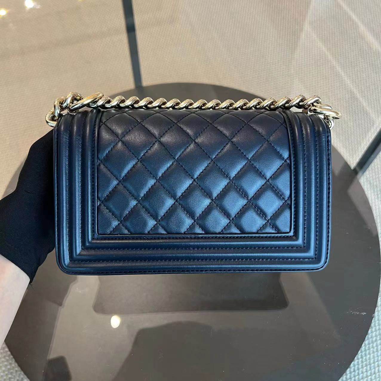Boy Small 20CM Quilted Lambskin Dark Navy Blue Leboy Golden Hardware Series 25