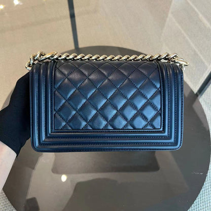 Boy Small 20CM Quilted Lambskin Dark Navy Blue Leboy Golden Hardware Series 25