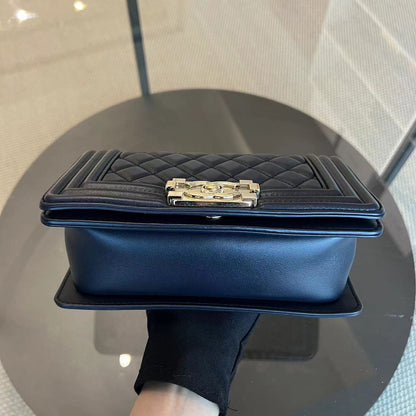 Boy Small 20CM Quilted Lambskin Dark Navy Blue Leboy Golden Hardware Series 25