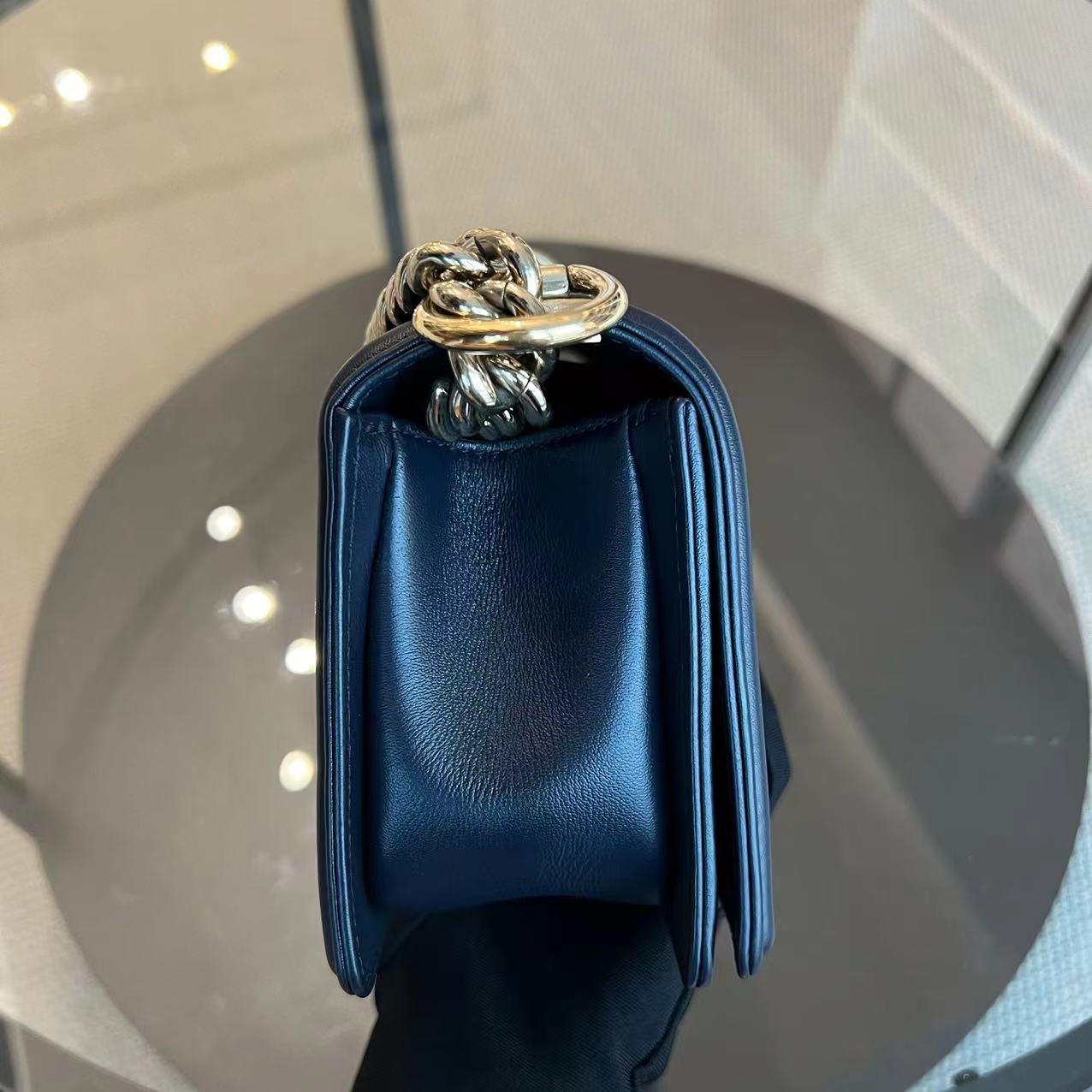Boy Small 20CM Quilted Lambskin Dark Navy Blue Leboy Golden Hardware Series 25