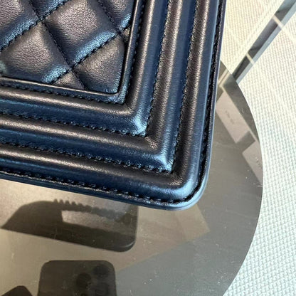 Boy Small 20CM Quilted Lambskin Dark Navy Blue Leboy Golden Hardware Series 25