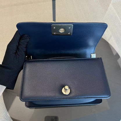 Boy Small 20CM Quilted Lambskin Dark Navy Blue Leboy Golden Hardware Series 25