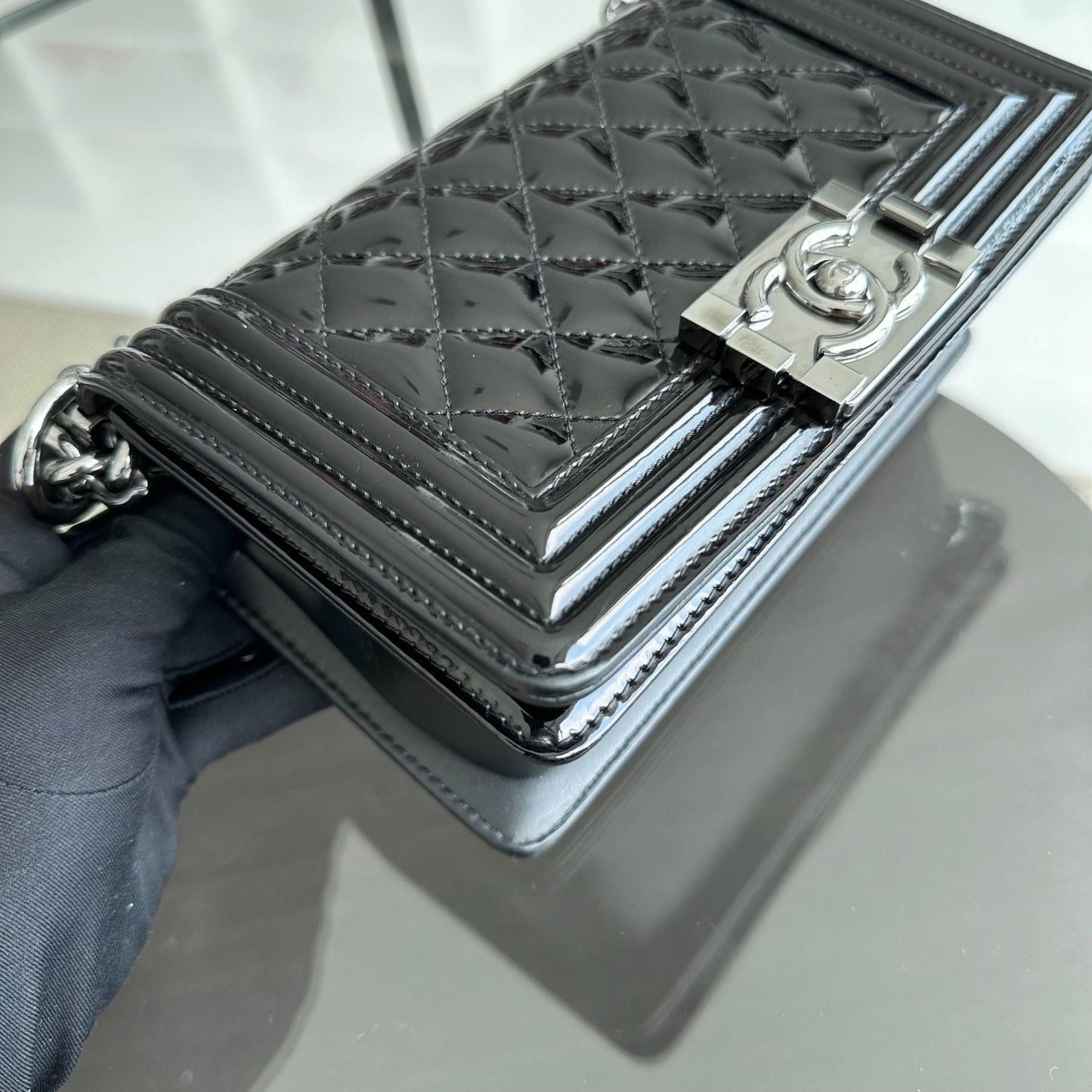 Boy Small 20CM Quilted Patent Leather Leboy Black SHW No 19