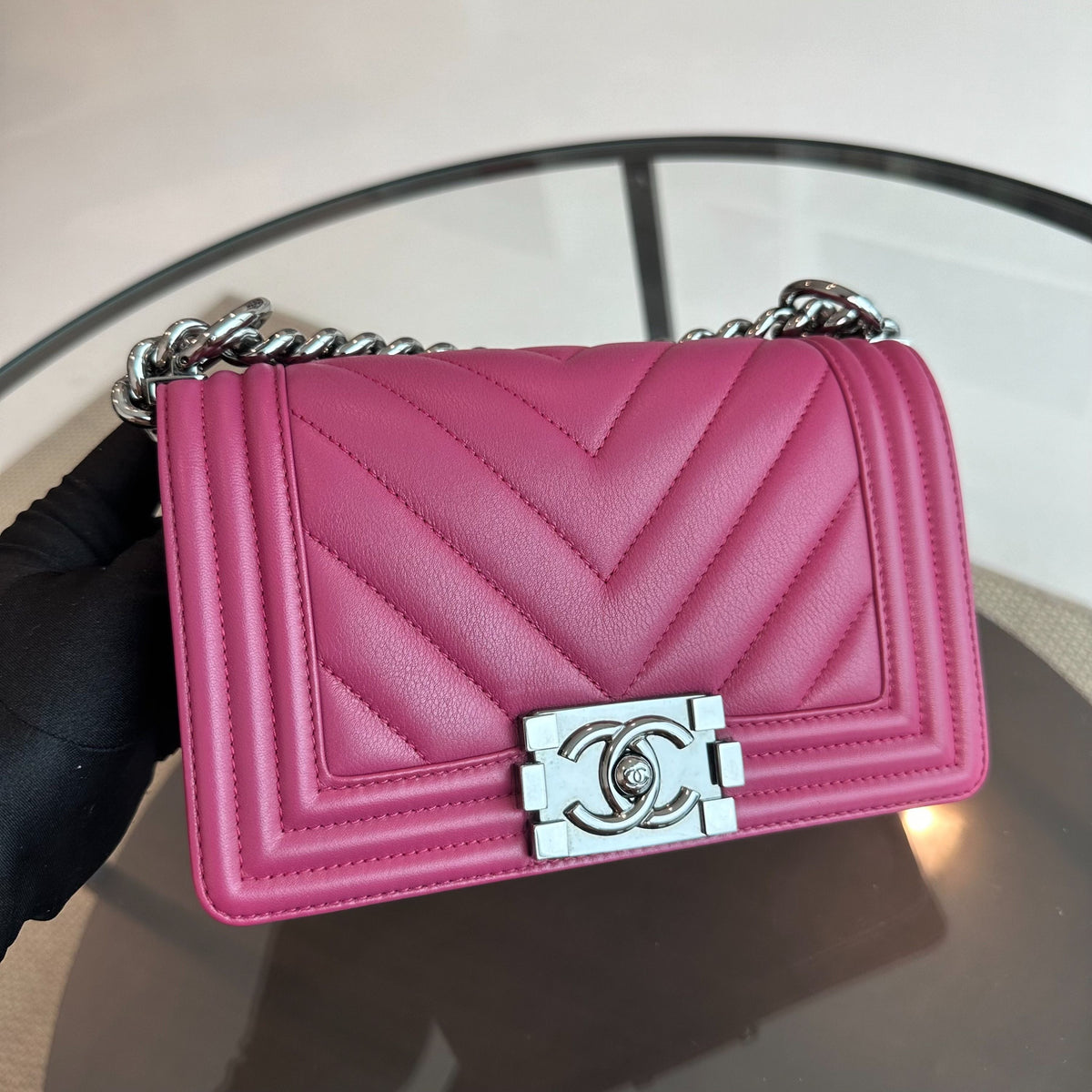 Boy Small Calfskin Chevron Pink SHW No 26