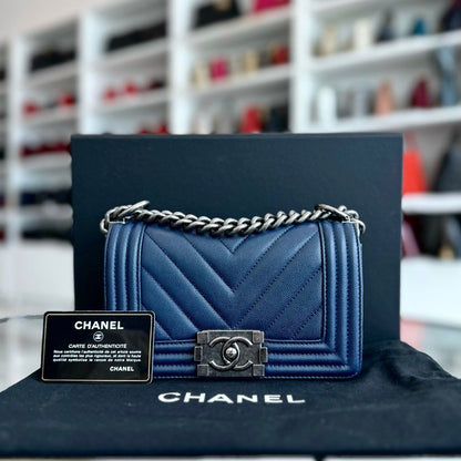 Boy Small Caviar Chevron Calfskin Leboy Dark Navy Blue Ruthenium RSHW No 25