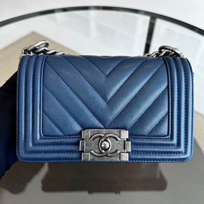 Boy Small Caviar Chevron Calfskin Leboy Dark Navy Blue Ruthenium RSHW No 25
