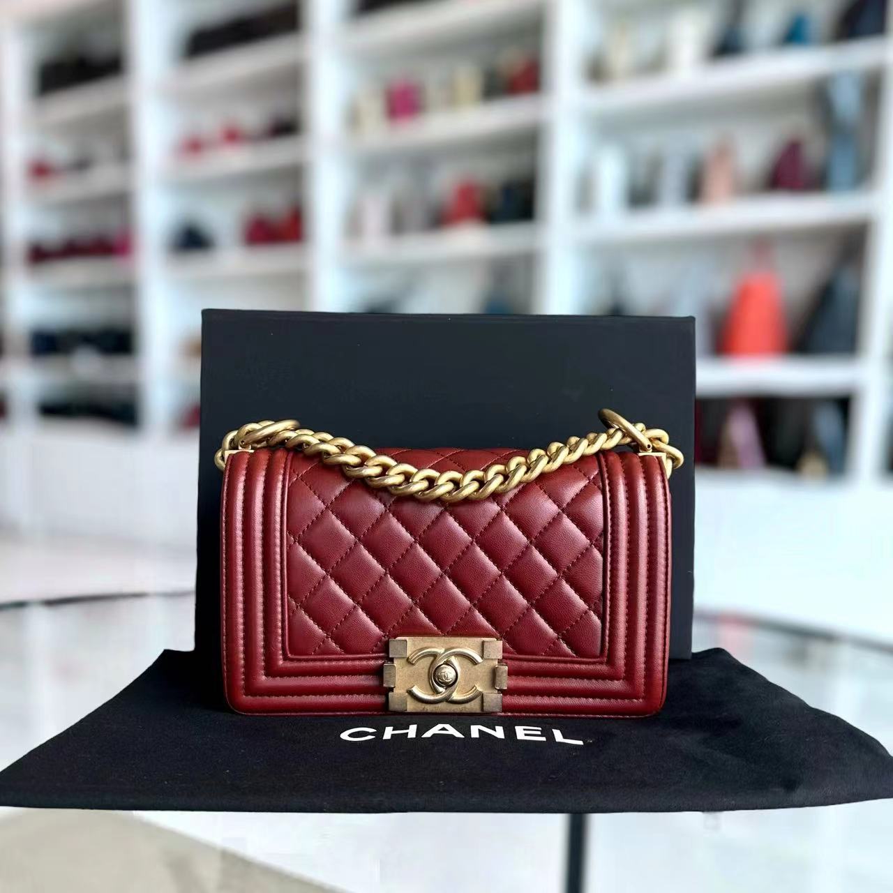 Boy Small Quilted Lambskin Dark Red Golden Hardware Leboy Series 24