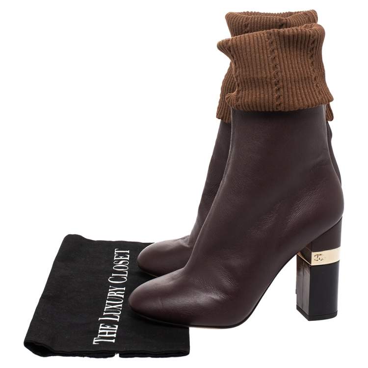 CHANEL BROWN MAILER 16K CHUNKY HEEL LOGO BOOTS