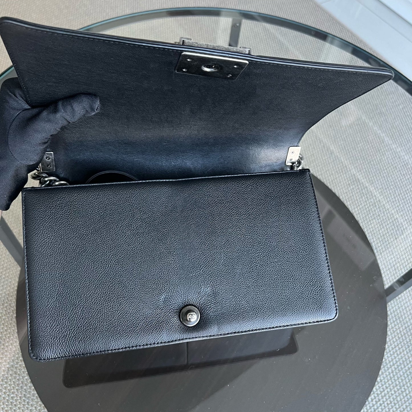 Calfskin Boy New Medium 28CM Quilted Grained Calfskin Caviar Black Ruthenium Silver Hardware Series 23