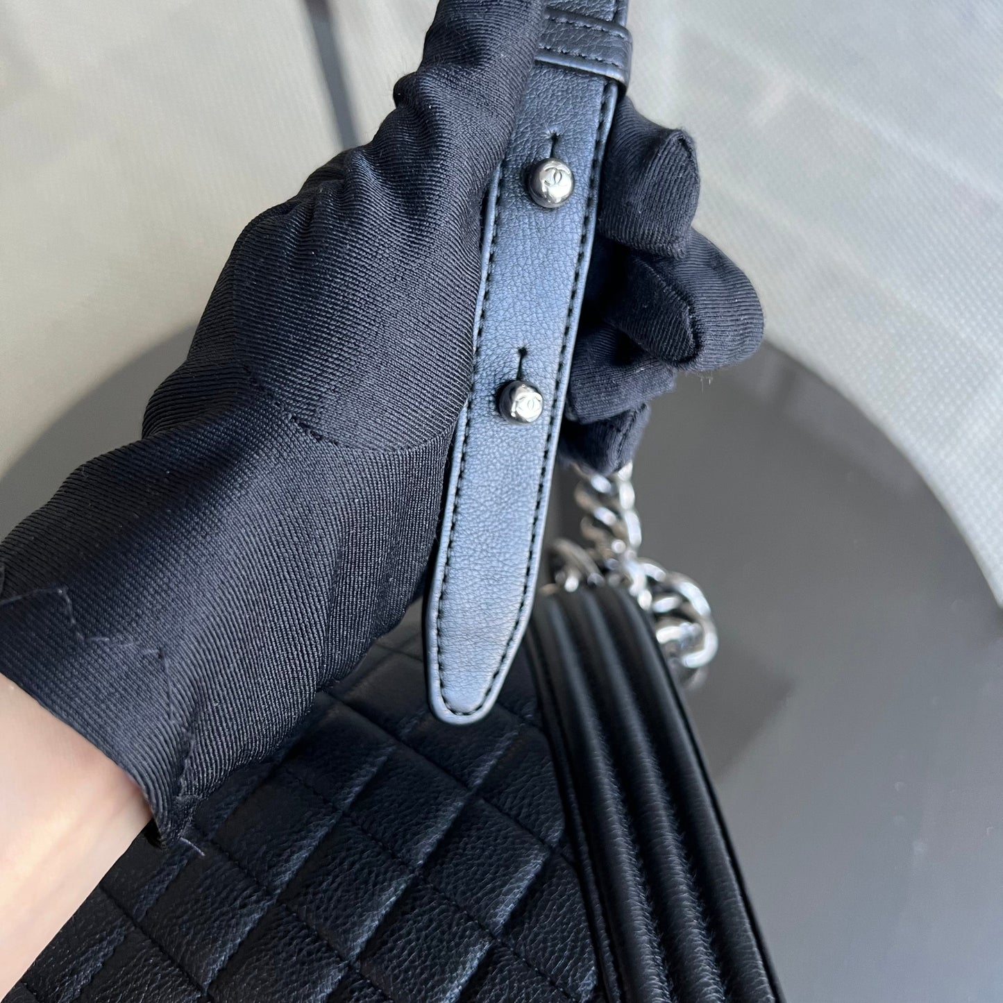 Calfskin Boy New Medium 28CM Quilted Grained Calfskin Caviar Black Ruthenium Silver Hardware Series 23