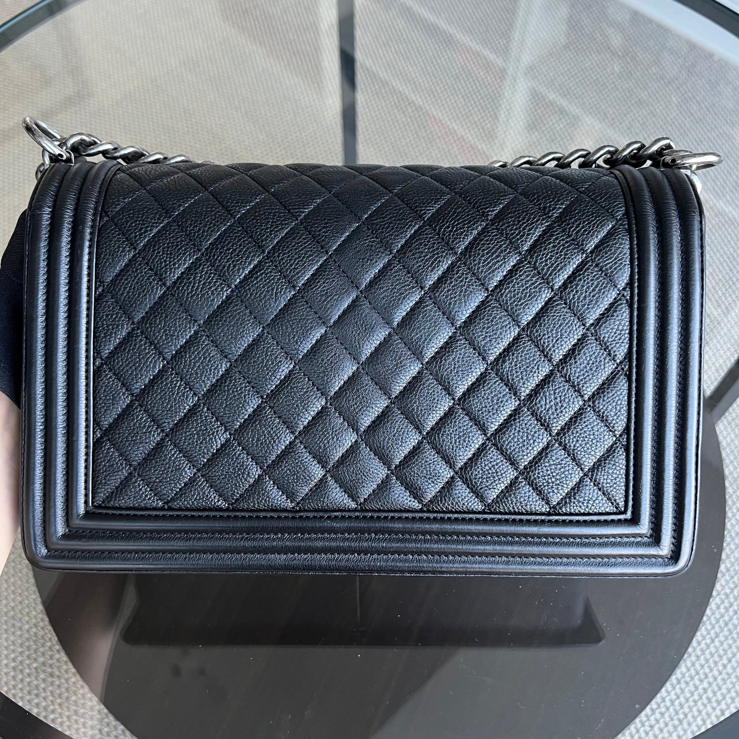 Calfskin Boy New Medium 28CM Quilted Grained Calfskin Caviar Black Ruthenium Silver Hardware Series 23
