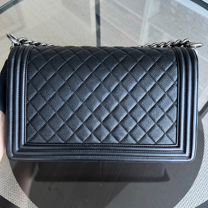 Calfskin Boy New Medium 28CM Quilted Grained Calfskin Caviar Black Ruthenium Silver Hardware Series 23