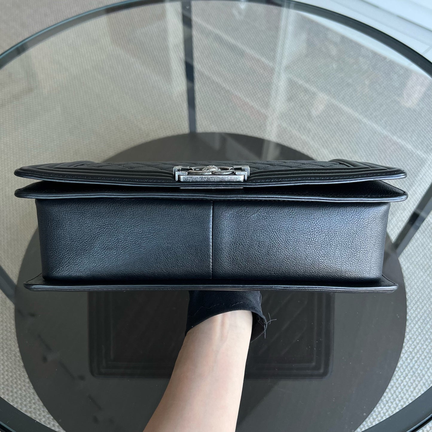 Calfskin Boy New Medium 28CM Quilted Grained Calfskin Caviar Black Ruthenium Silver Hardware Series 23