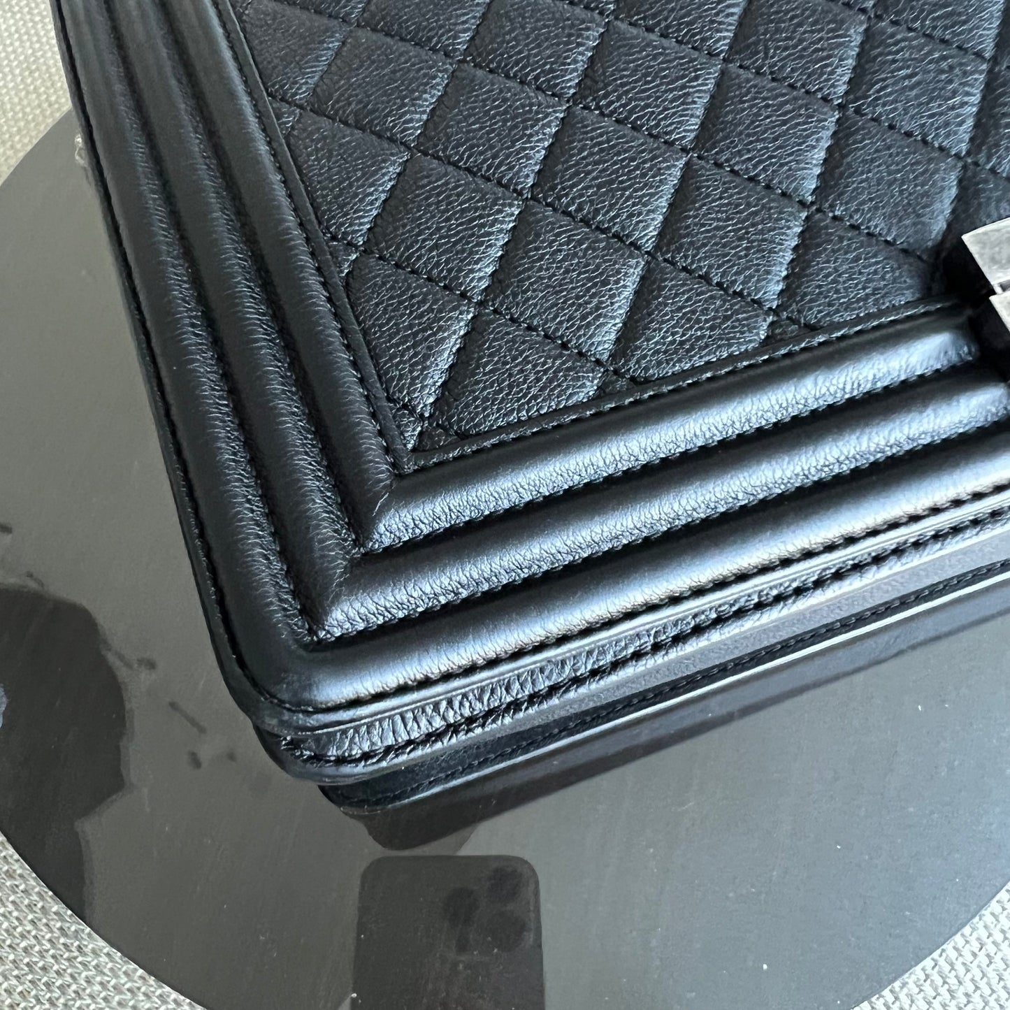 Calfskin Boy New Medium 28CM Quilted Grained Calfskin Caviar Black Ruthenium Silver Hardware Series 23