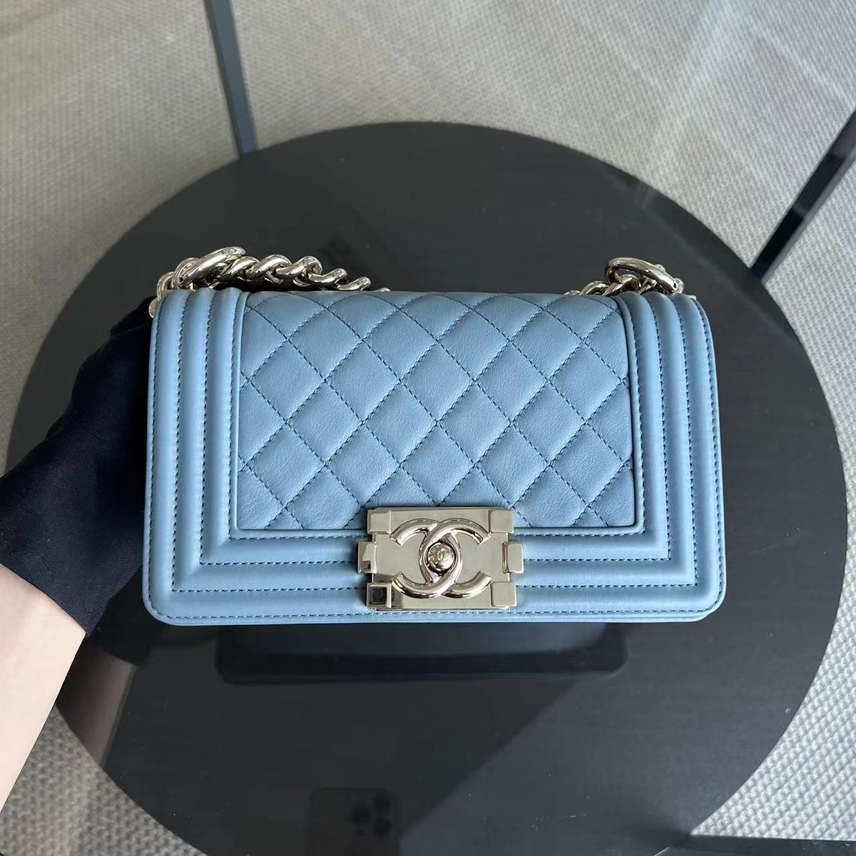 Calfskin Boy Small 20CM Quilted Grained Calfskin Leboy Sky Baby Blue GHW No 27