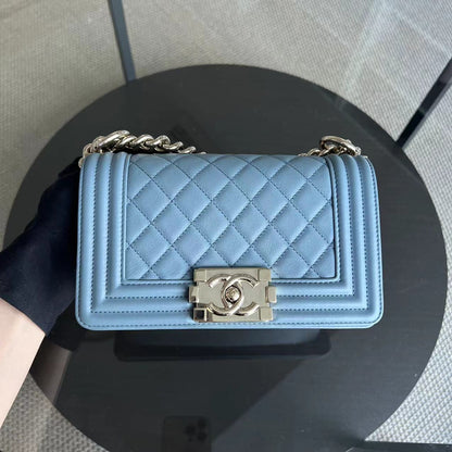 Calfskin Boy Small 20CM Quilted Grained Calfskin Leboy Sky Baby Blue GHW No 27
