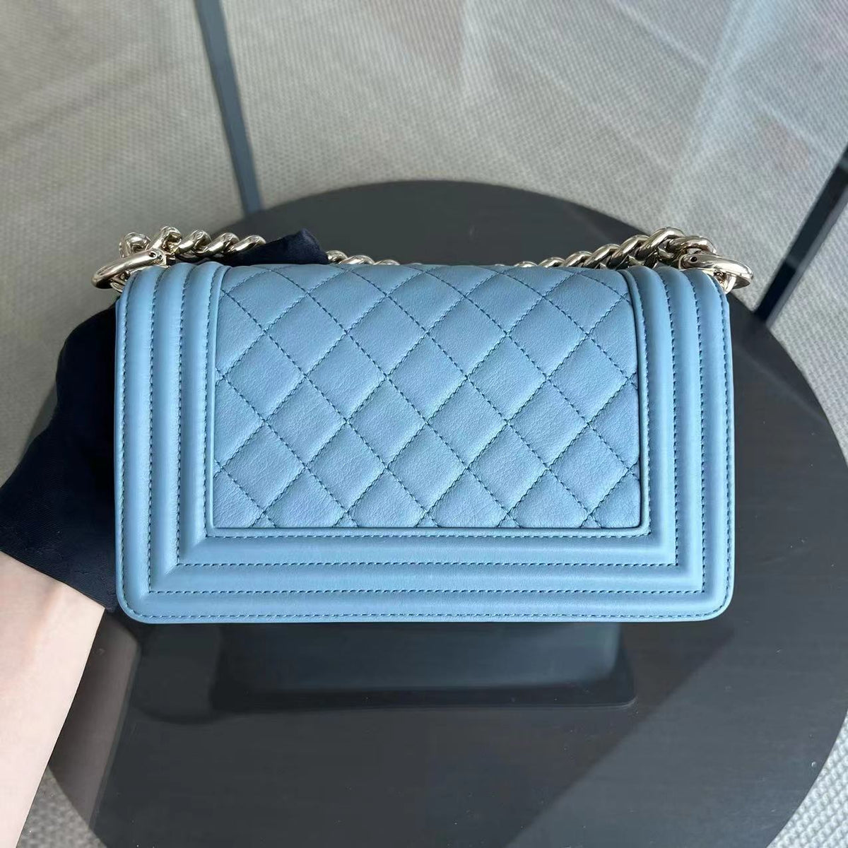 Calfskin Boy Small 20CM Quilted Grained Calfskin Leboy Sky Baby Blue GHW No 27