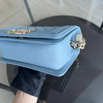 Calfskin Boy Small 20CM Quilted Grained Calfskin Leboy Sky Baby Blue GHW No 27