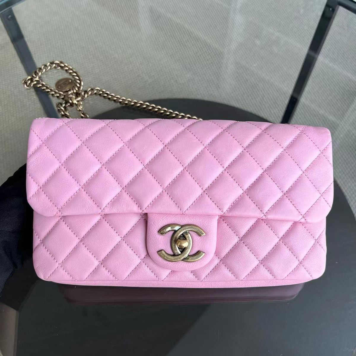 Chanel Calfskin CC Seasonal Flap Zipped Single Flap Quilted Pink Golden Hardware Series 18