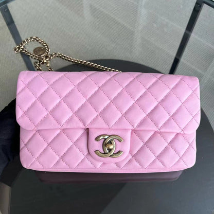 Chanel Calfskin CC Seasonal Flap Zipped Single Flap Quilted Pink Golden Hardware Series 18