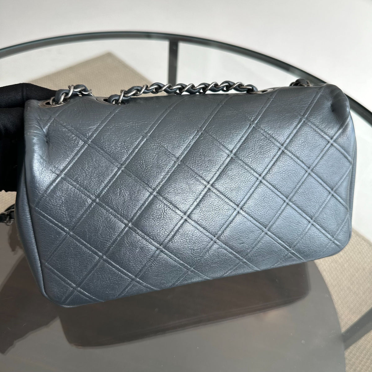Chanel Calfskin Diamond Embossed New Chic Flap Dark Blue No 18