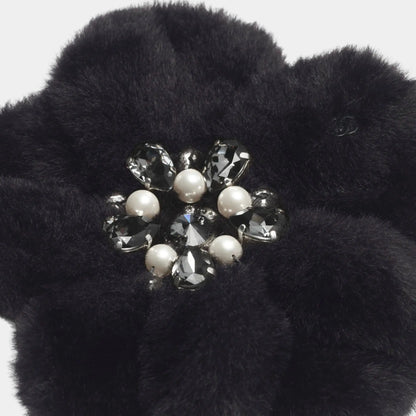 Camellia Mixed fibers Rhinestones & Glass Beads Black