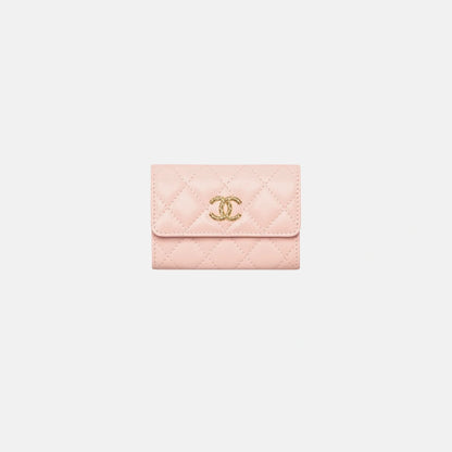 Chanel Card Holder in Shiny Grained Calfskin Strass Gold Tone Metal, Light Pink, Front