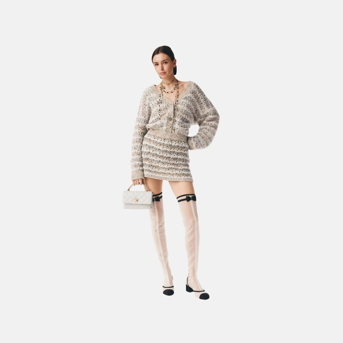 Cardigan in Light Gray and Multicolor Wool and Cashmere