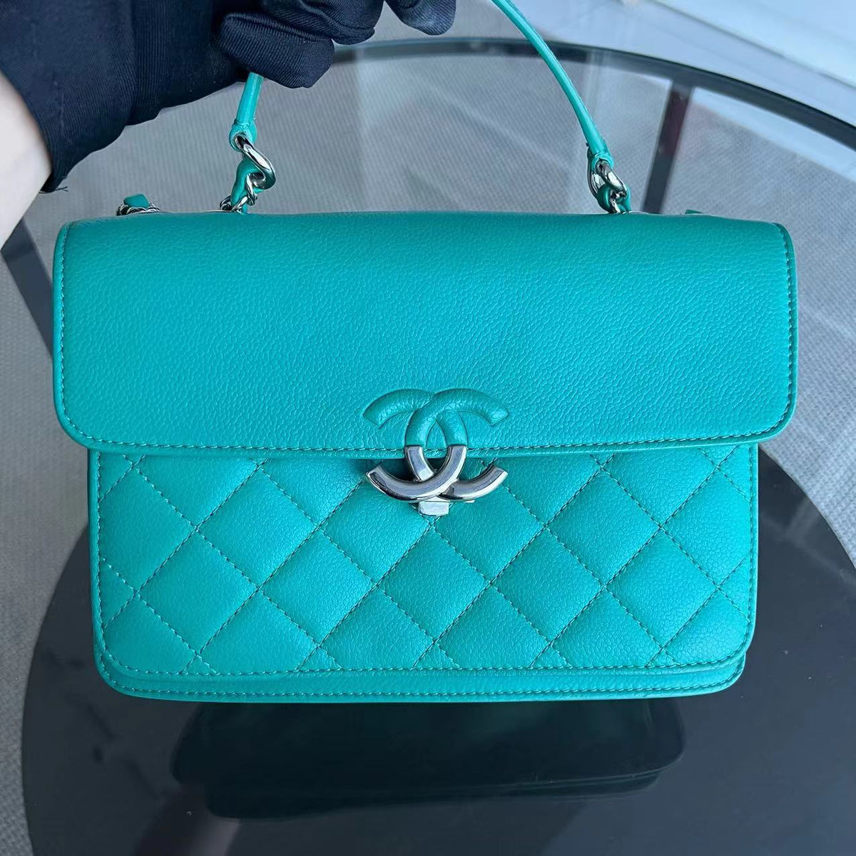 Chanel Caviar 25CM 2017 Urban Handle Quilted Grained Calfskin Green Blue Silver Hardware Series 23