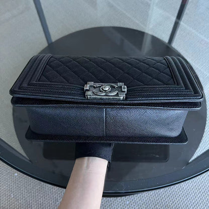 Caviar Boy Medium 25CM Quilted Grained Calfskin Black Leboy Ruthenium Silver Hardware Series 23