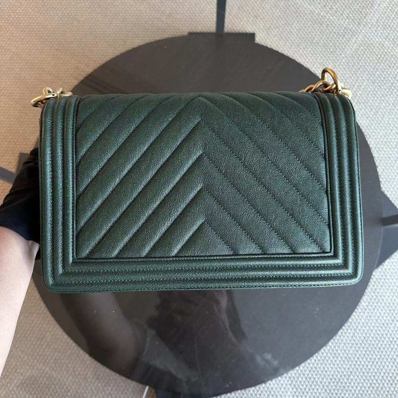 Caviar Boy New Medium 28CM Chevron Calfskin Leboy Dark Green GHW No 26