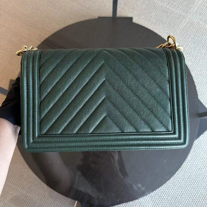 Caviar Boy New Medium 28CM Chevron Calfskin Leboy Dark Green GHW No 26