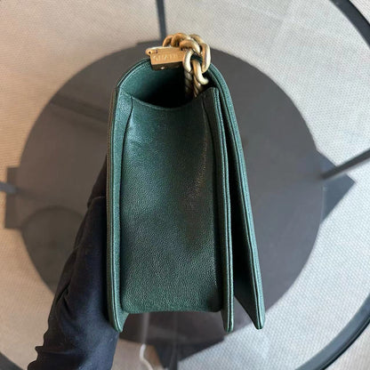 Caviar Boy New Medium 28CM Chevron Calfskin Leboy Dark Green GHW No 26