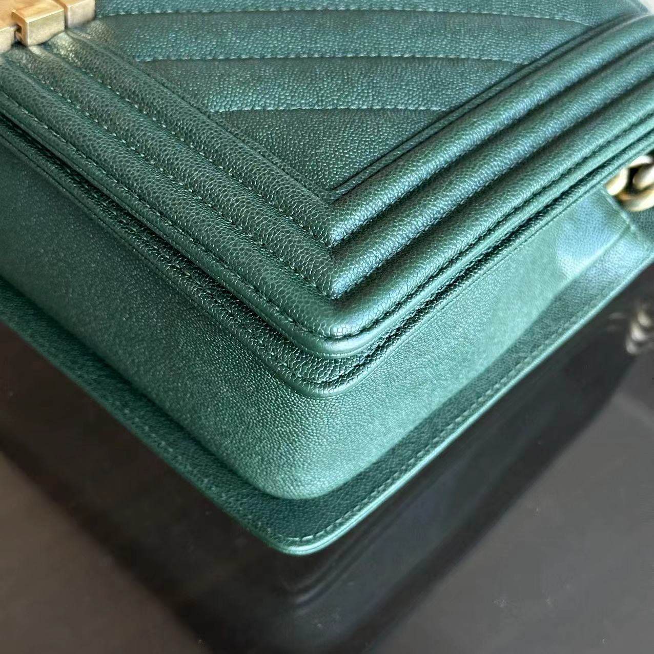 Caviar Boy New Medium 28CM Chevron Calfskin Leboy Dark Green GHW No 26