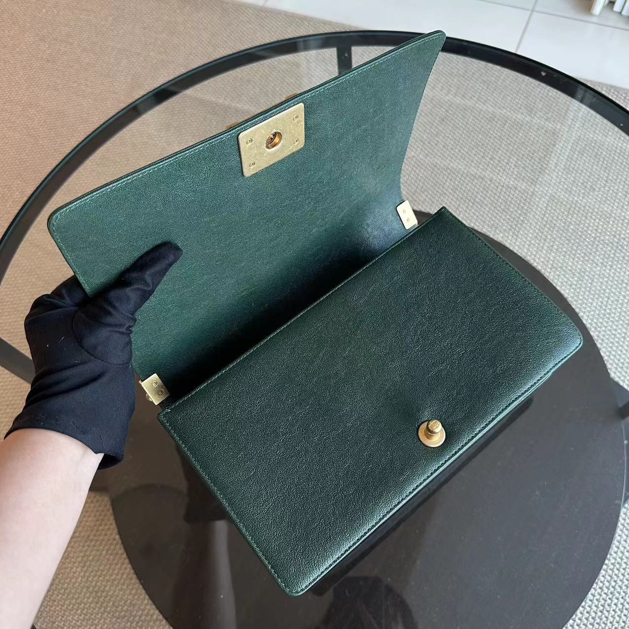 Caviar Boy New Medium 28CM Chevron Calfskin Leboy Dark Green GHW No 26