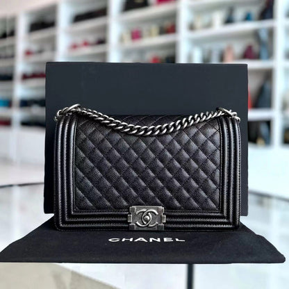 Caviar Boy New Medium 28CM Quilted Grained Calfskin Leboy Black Silver Hardware Series 20