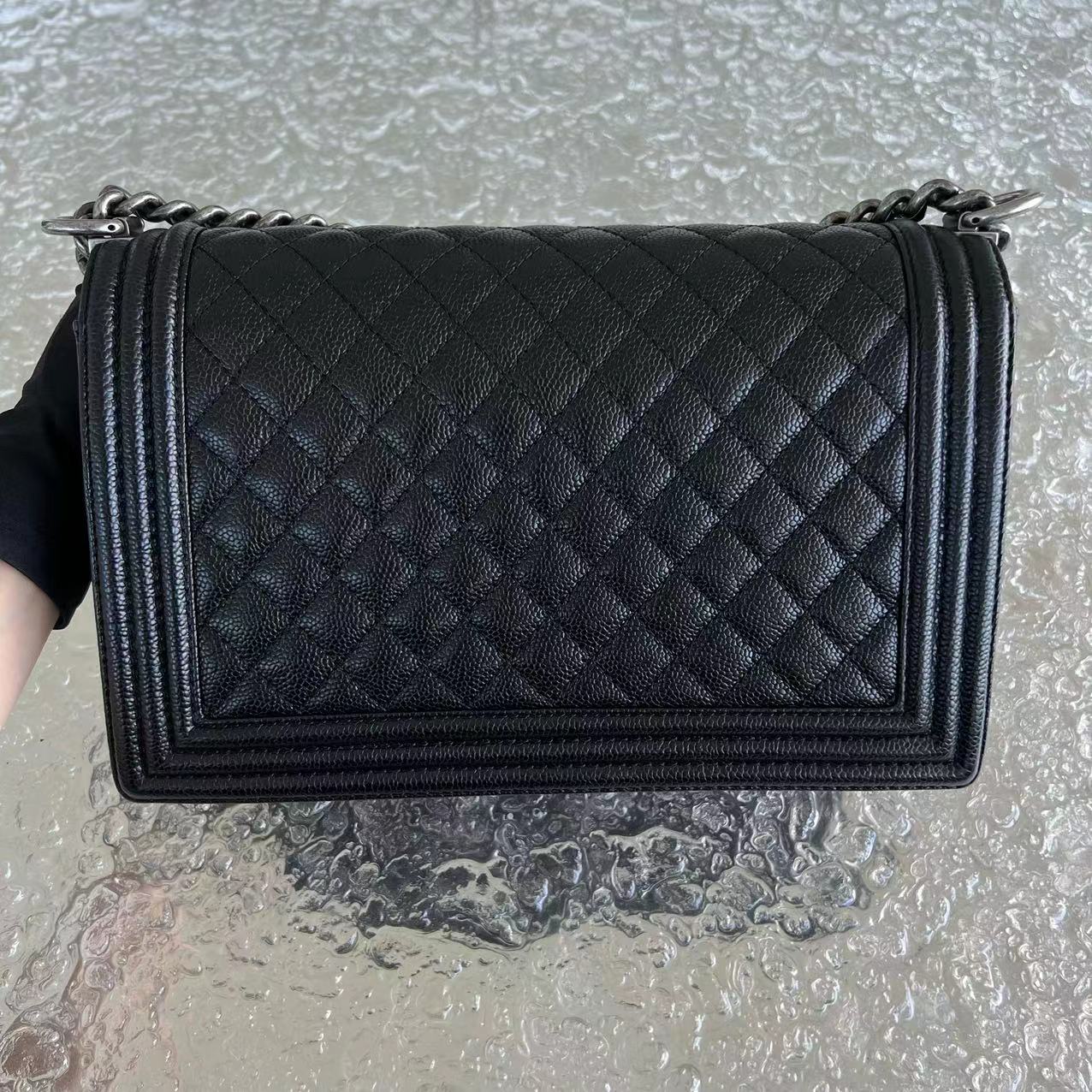 Caviar Boy New Medium 28CM Quilted Grained Calfskin Leboy Black Silver Hardware Series 20