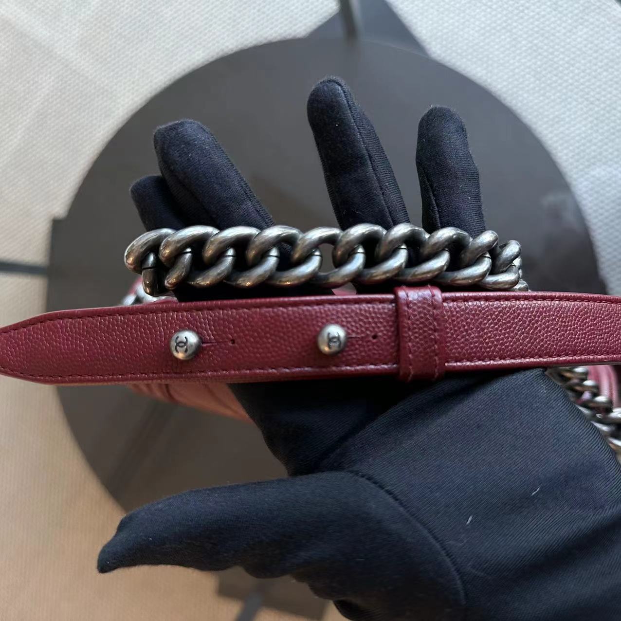 Caviar Boy Old Medium 25CM Chevron Calfskin Leboy Burgundy Dark Red RSHW No 24