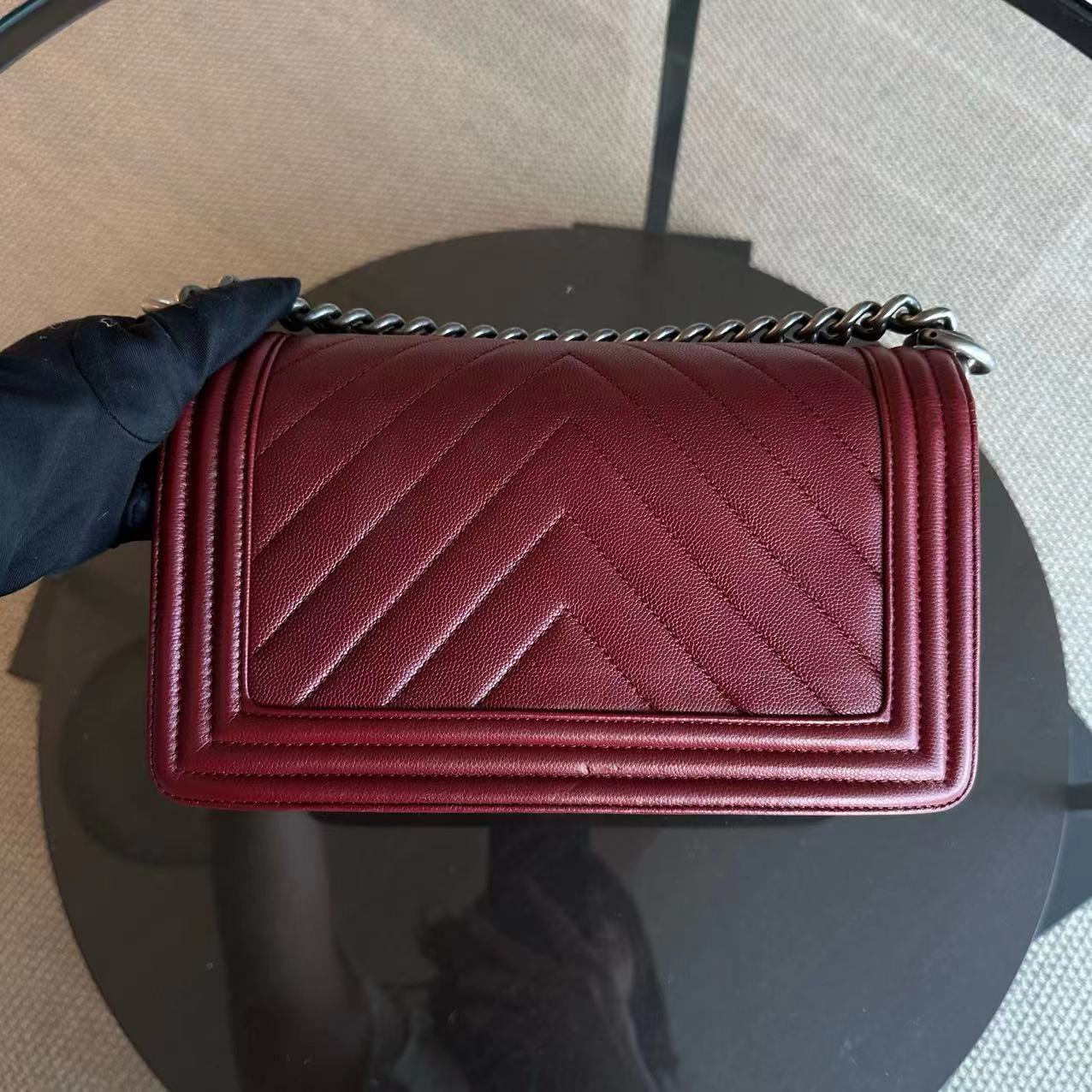 Caviar Boy Old Medium 25CM Chevron Calfskin Leboy Burgundy Dark Red RSHW No 24