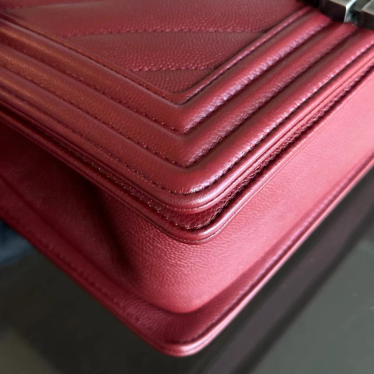 Caviar Boy Old Medium 25CM Chevron Calfskin Leboy Burgundy Dark Red RSHW No 24