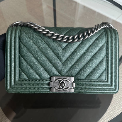 Caviar Boy Old Medium 25CM Chevron Calfskin Leboy Dark Green RSHW No 26