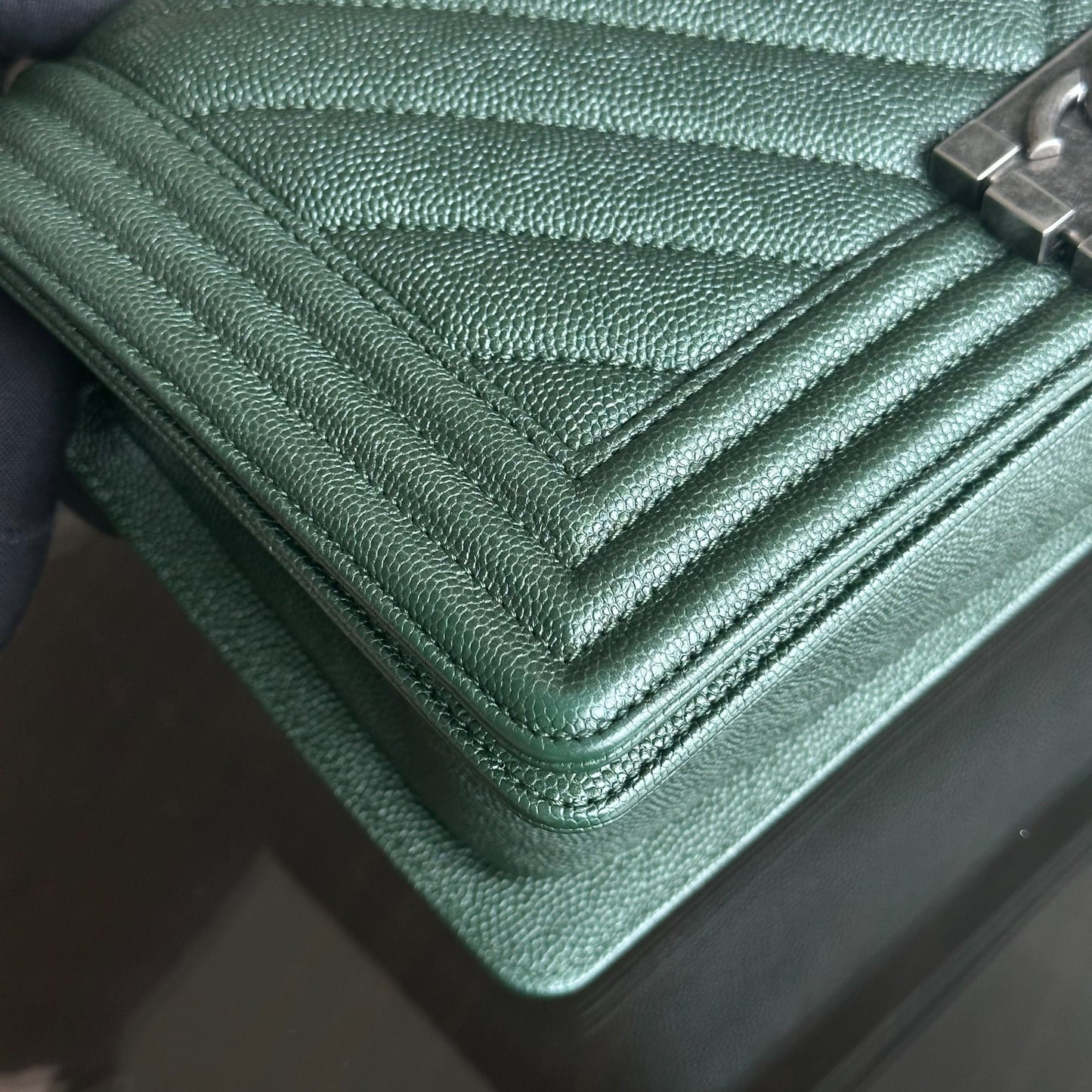 Caviar Boy Old Medium 25CM Chevron Calfskin Leboy Dark Green RSHW No 26