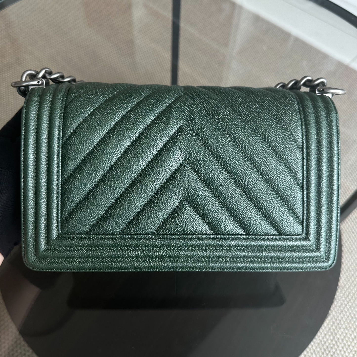 Caviar Boy Old Medium 25CM Chevron Calfskin Leboy Dark Green RSHW No 26