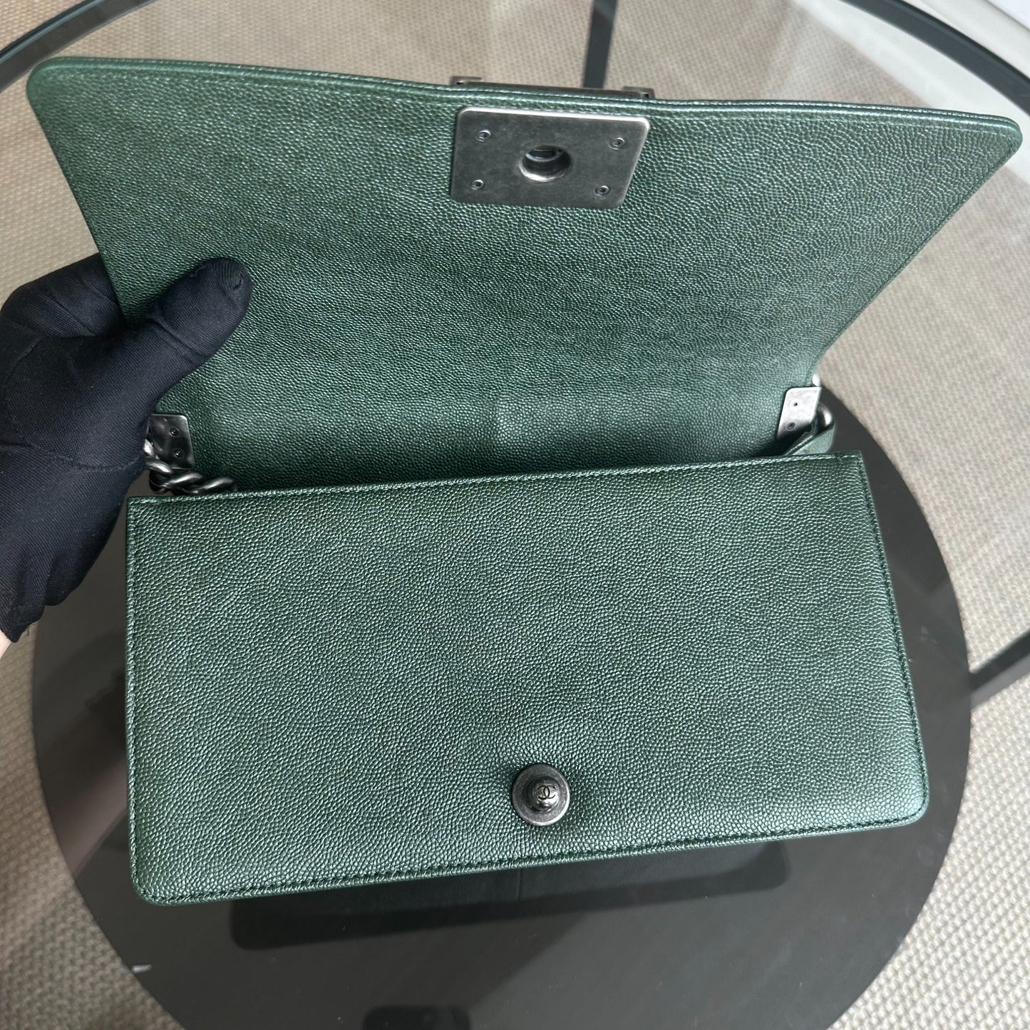 Caviar Boy Old Medium 25CM Chevron Calfskin Leboy Dark Green RSHW No 26
