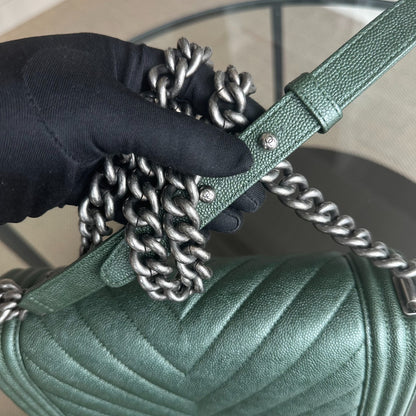 Caviar Boy Old Medium 25CM Chevron Calfskin Leboy Dark Green RSHW No 26