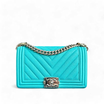 Caviar Boy Old Medium 25CM Chevron Grained Calfskin Cyan Green Blue Light Golden Hardware Series 27