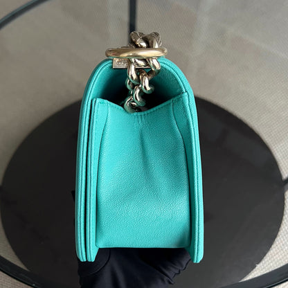 Caviar Boy Old Medium 25CM Chevron Grained Calfskin Cyan Green Blue Light Golden Hardware Series 27