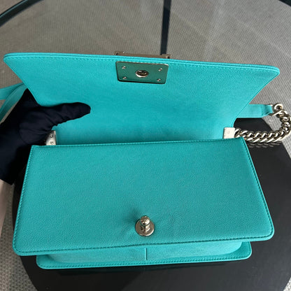 Caviar Boy Old Medium 25CM Chevron Grained Calfskin Cyan Green Blue Light Golden Hardware Series 27